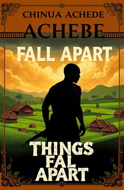A compelling book cover design for Chinua Achebe's 'Things Fall Apart', featuring a traditional Igbo village landscape with thatched huts, lush green fields, and a dramatic sky