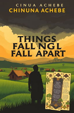 A compelling book cover design for Chinua Achebe's 'Things Fall Apart', featuring a traditional Igbo village landscape with thatched huts, lush green fields, and a dramatic sky