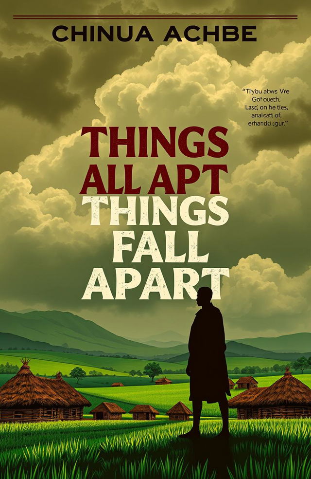 A compelling book cover design for Chinua Achebe's 'Things Fall Apart', featuring a traditional Igbo village landscape with thatched huts, lush green fields, and a dramatic sky