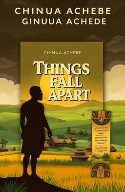 A compelling book cover design for Chinua Achebe's 'Things Fall Apart', featuring a traditional Igbo village landscape with thatched huts, lush green fields, and a dramatic sky