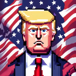 Pixel art profile picture of Donald Trump with his iconic hairstyle, blue eyes, tanned face, navy-blue suit, white shirt, and red tie against an American flag background.