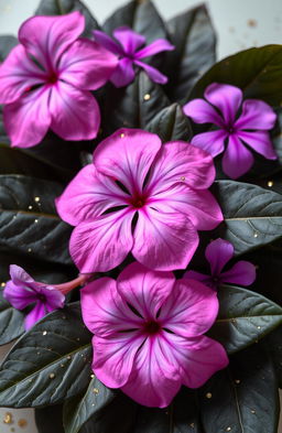 A vibrant arrangement of pink and violet flowers elegantly placed on lush dark green leaves