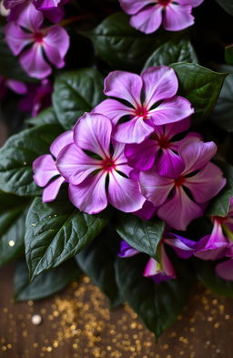A vibrant arrangement of pink and violet flowers elegantly placed on lush dark green leaves