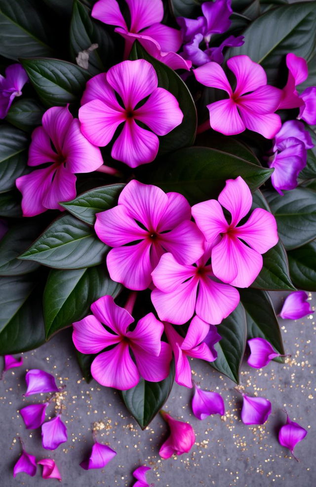 A vibrant arrangement of pink and violet flowers elegantly placed on lush dark green leaves