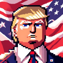 Pixel art profile picture of Donald Trump with his iconic hairstyle, blue eyes, tanned face, navy-blue suit, white shirt, and red tie against an American flag background.