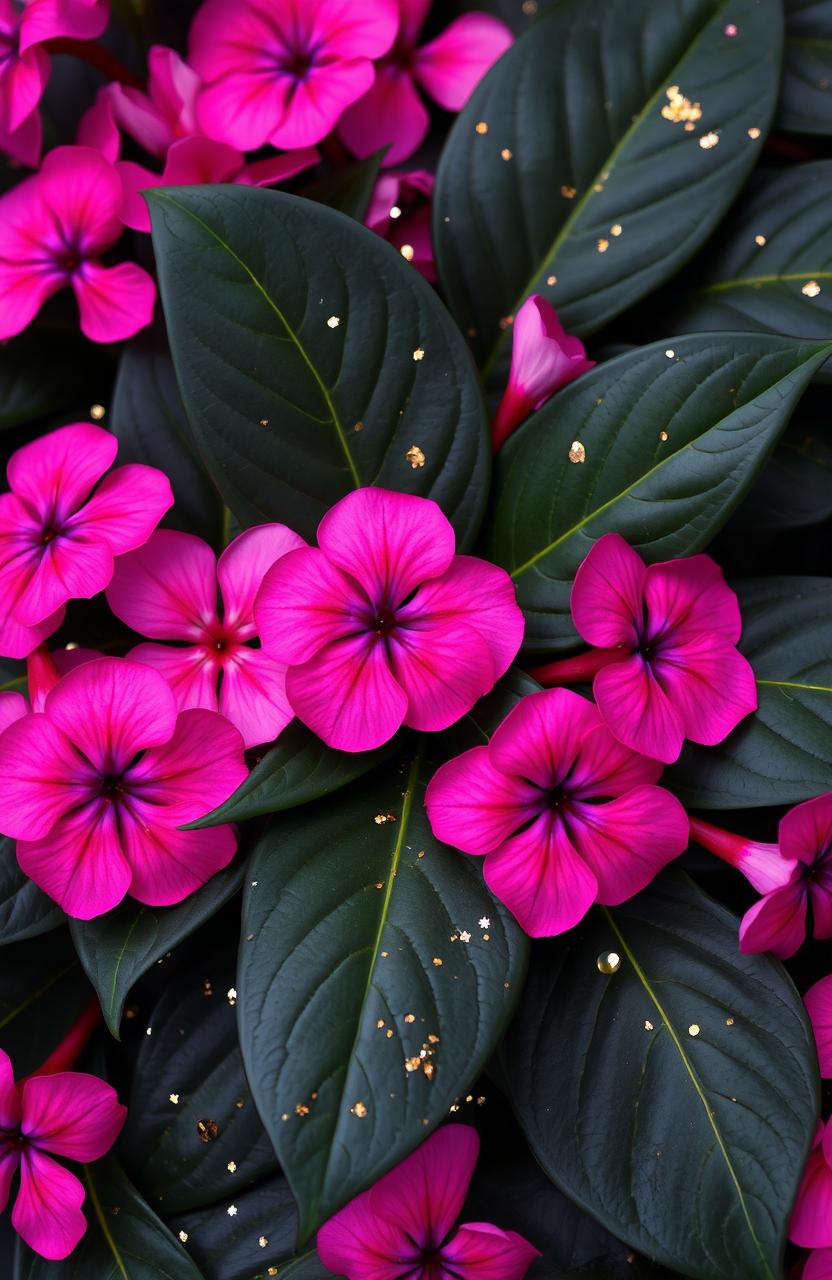 A vibrant arrangement of pink and violet flowers elegantly placed on lush dark green leaves