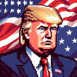 Pixel art profile picture of Donald Trump with his iconic hairstyle, blue eyes, tanned face, navy-blue suit, white shirt, and red tie against an American flag background.