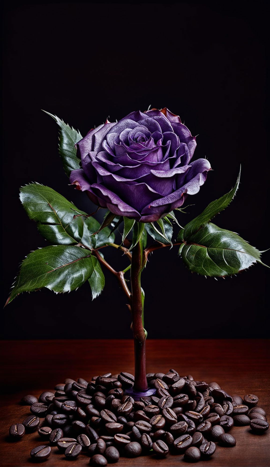 High-definition photograph featuring a radiant purple rose on a polished mahogany coffee table under perfect lighting conditions, evoking an editorial magazine aesthetic.