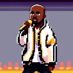 Pixel art profile picture of Kanye West on stage with shaved head, intense eyes, black leather jacket, white shirt, gold chain, holding a microphone against a brightly lit concert stage background.