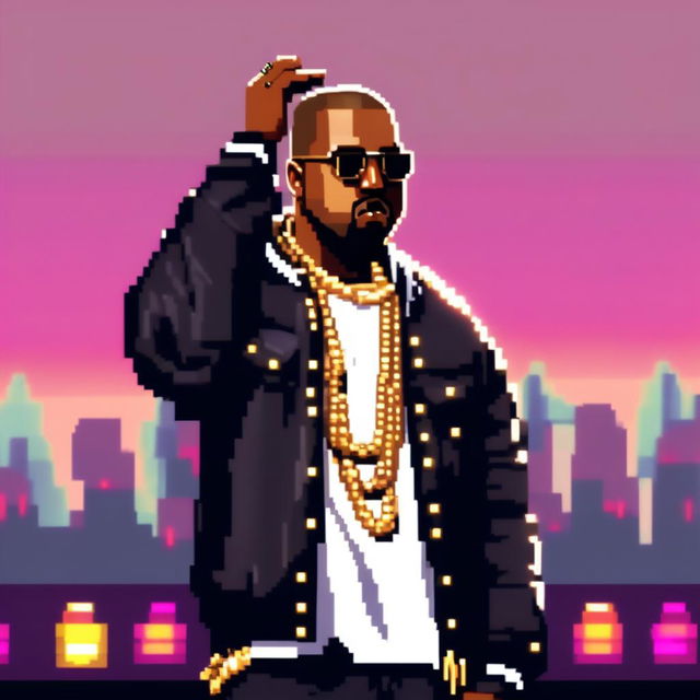 Pixel art profile picture of Kanye West on stage with shaved head, intense eyes, black leather jacket, white shirt, gold chain, holding a microphone against a brightly lit concert stage background.