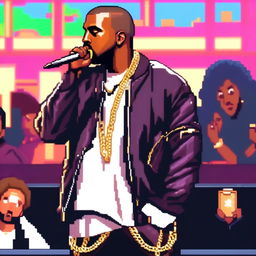 Pixel art profile picture of Kanye West on stage with shaved head, intense eyes, black leather jacket, white shirt, gold chain, holding a microphone against a brightly lit concert stage background.