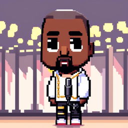 Pixel art profile picture of Kanye West on stage with shaved head, intense eyes, black leather jacket, white shirt, gold chain, holding a microphone against a brightly lit concert stage background.