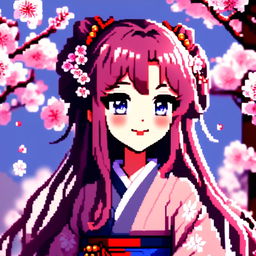 Pixel art profile picture of an anime waifu with long, flowing purple hair, sparkling blue eyes, a cute smile, wearing a traditional Japanese kimono against a cherry blossom background.