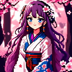 Pixel art profile picture of an anime waifu with long, flowing purple hair, sparkling blue eyes, a cute smile, wearing a traditional Japanese kimono against a cherry blossom background.