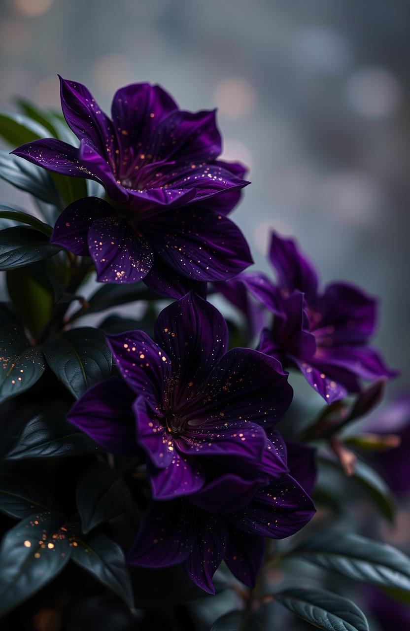 A fantasy scene featuring very dark purple flowers with rich and deep hues, contrasted by lush dark green leaves