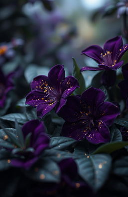 A fantasy scene featuring very dark purple flowers with rich and deep hues, contrasted by lush dark green leaves