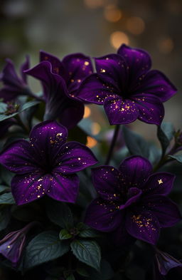 A fantasy scene featuring very dark purple flowers with rich and deep hues, contrasted by lush dark green leaves