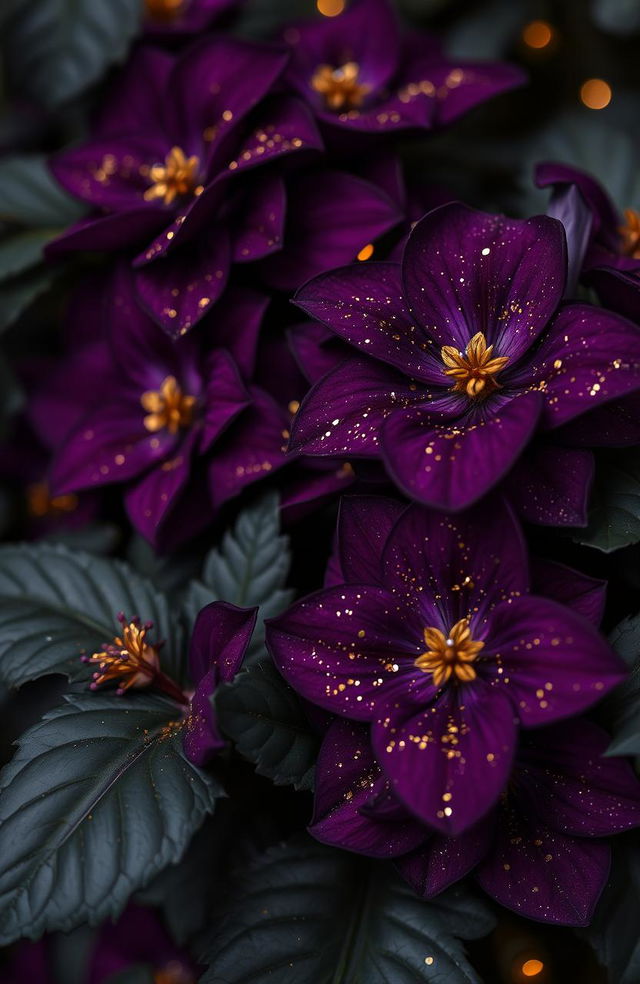 A fantasy scene featuring very dark purple flowers with rich and deep hues, contrasted by lush dark green leaves