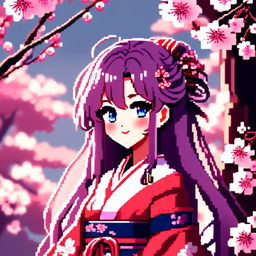 Pixel art profile picture of an anime waifu with long, flowing purple hair, sparkling blue eyes, a cute smile, wearing a traditional Japanese kimono against a cherry blossom background.