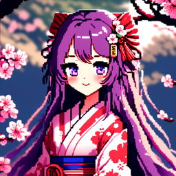 Pixel art profile picture of an anime waifu with long, flowing purple hair, sparkling blue eyes, a cute smile, wearing a traditional Japanese kimono against a cherry blossom background.