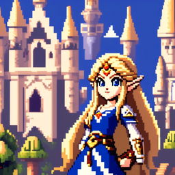 Pixel art profile picture of Zelda with her golden hair, blue eyes, pointed ears, wearing a royal dress and holding the Triforce against a Hyrule Castle background.