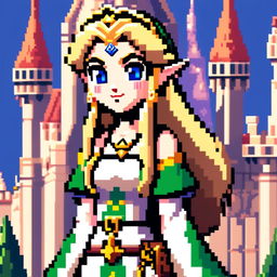 Pixel art profile picture of Zelda with her golden hair, blue eyes, pointed ears, wearing a royal dress and holding the Triforce against a Hyrule Castle background.