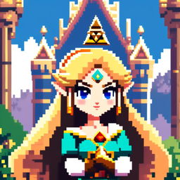 Pixel art profile picture of Zelda with her golden hair, blue eyes, pointed ears, wearing a royal dress and holding the Triforce against a Hyrule Castle background.