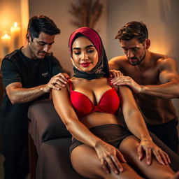 A woman wearing a colorful hijab, elegantly draped over her head, contrasts beautifully with her striking red bra