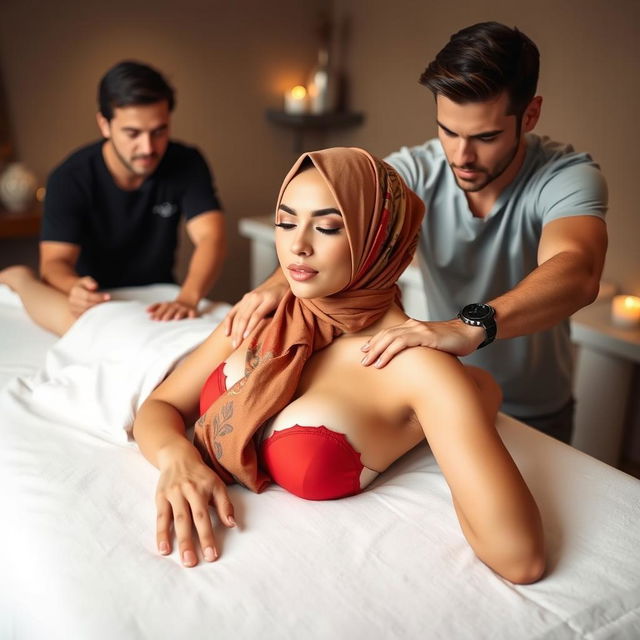 A woman wearing a colorful hijab, elegantly draped over her head, contrasts beautifully with her striking red bra