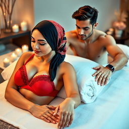 A woman wearing a colorful hijab, elegantly draped over her head, contrasts beautifully with her striking red bra