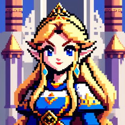 Pixel art profile picture of Zelda with her golden hair, blue eyes, pointed ears, wearing a royal dress and holding the Triforce against a Hyrule Castle background.