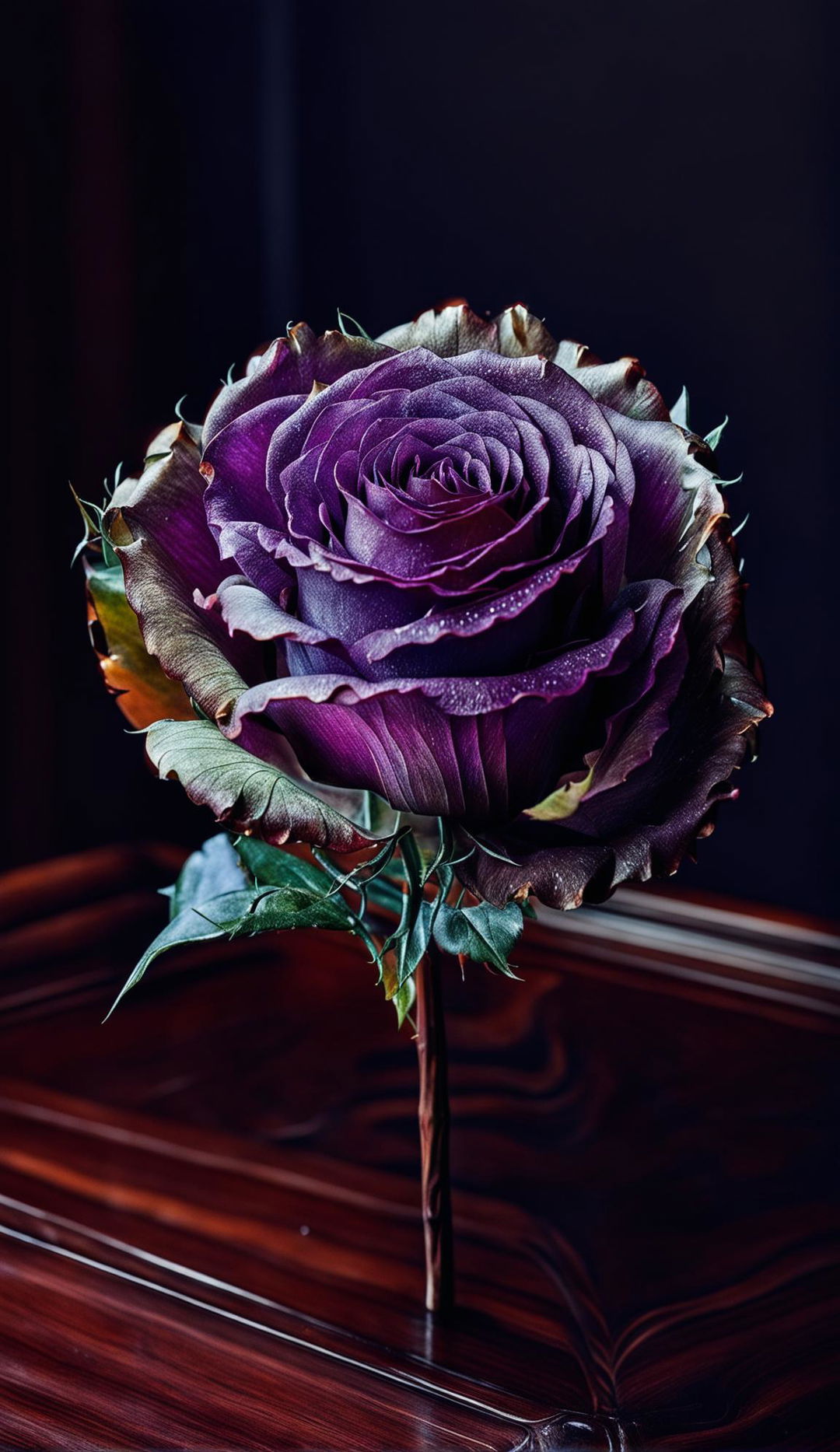 High-definition photograph of a radiant purple rose on a polished mahogany table under perfect lighting conditions, exuding an editorial magazine aesthetic.