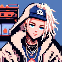 Pixel art profile picture of a white Soundcloud rapper with face tattoos, platinum blonde hair, wearing a black hoodie against a cool blue background.