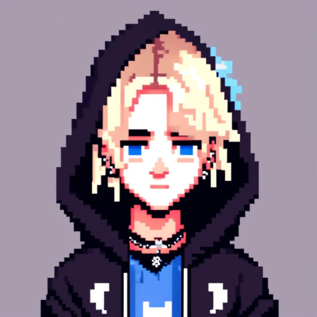 Pixel art profile picture of a white Soundcloud rapper with face tattoos, platinum blonde hair, wearing a black hoodie against a cool blue background.