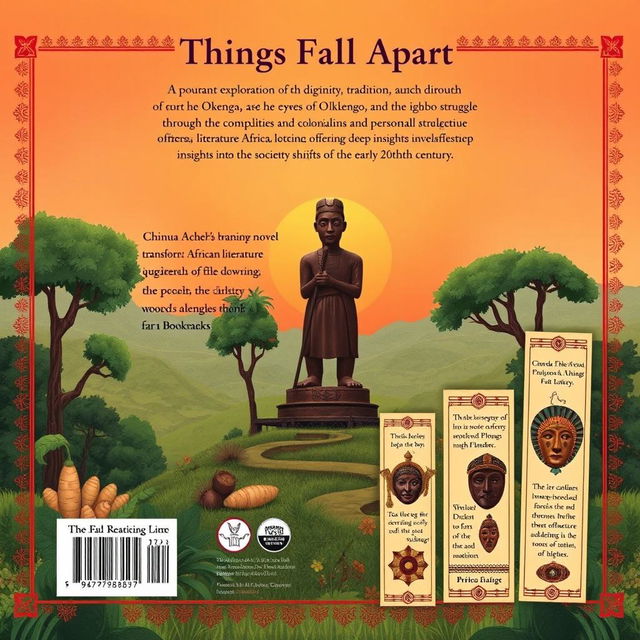 A beautifully illustrated book cover back for "Things Fall Apart" featuring a serene landscape of Nigeria, showcasing the rich cultural elements of the Igbo society