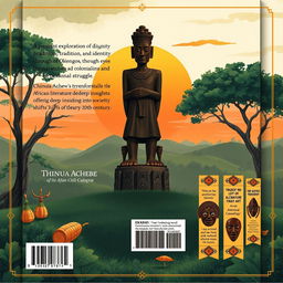 A beautifully illustrated book cover back for "Things Fall Apart" featuring a serene landscape of Nigeria, showcasing the rich cultural elements of the Igbo society