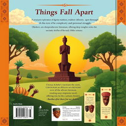 A beautifully illustrated book cover back for "Things Fall Apart" featuring a serene landscape of Nigeria, showcasing the rich cultural elements of the Igbo society