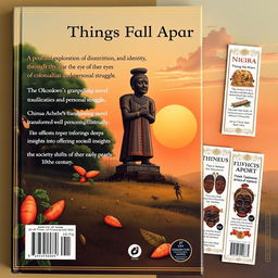 A beautifully illustrated book cover back for "Things Fall Apart" featuring a serene landscape of Nigeria, showcasing the rich cultural elements of the Igbo society