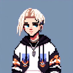 Pixel art profile picture of a white Soundcloud rapper with face tattoos, platinum blonde hair, wearing a black hoodie against a cool blue background.