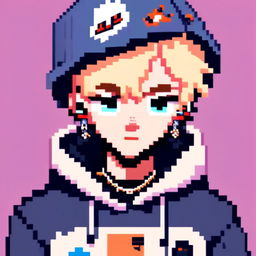 Pixel art profile picture of a white Soundcloud rapper with face tattoos, platinum blonde hair, wearing a black hoodie against a cool blue background.