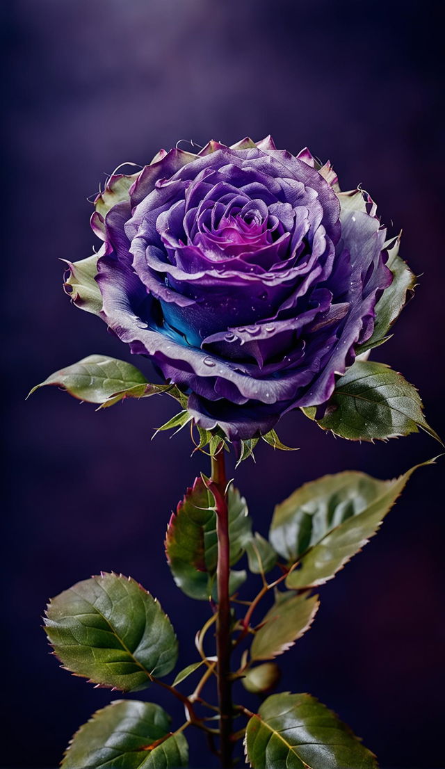 High-definition photograph of a radiant purple rose suspended in mid-air under perfect lighting conditions, exuding an editorial magazine aesthetic.