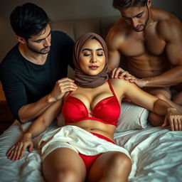 A woman adorned in a stylish hijab, beautifully complemented by a red bra and matching red panties, is reclining on a plush bed