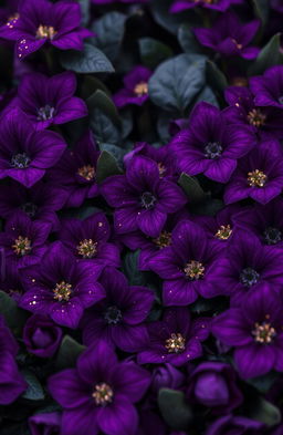 A mesmerizing and enchanting scene filled with an abundance of very dark purple flowers, intricately detailed with velvety textures, set against lush dark green leaves