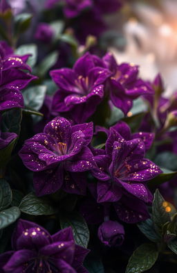 A mesmerizing and enchanting scene filled with an abundance of very dark purple flowers, intricately detailed with velvety textures, set against lush dark green leaves