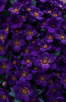 A mesmerizing and enchanting scene filled with an abundance of very dark purple flowers, intricately detailed with velvety textures, set against lush dark green leaves