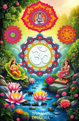 A vibrant and intricate illustration representing Sanatan Dharma, featuring symbols like the Om sign, lotus flowers, and various Hindu deities such as Ganesha, Shiva, and Saraswati, all surrounded by colorful mandalas and patterns to symbolize the eternal nature of this philosophy