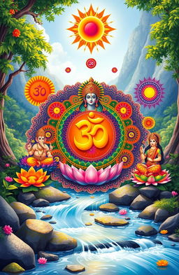 A vibrant and intricate illustration representing Sanatan Dharma, featuring symbols like the Om sign, lotus flowers, and various Hindu deities such as Ganesha, Shiva, and Saraswati, all surrounded by colorful mandalas and patterns to symbolize the eternal nature of this philosophy