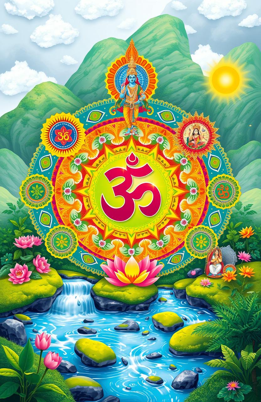 A vibrant and intricate illustration representing Sanatan Dharma, featuring symbols like the Om sign, lotus flowers, and various Hindu deities such as Ganesha, Shiva, and Saraswati, all surrounded by colorful mandalas and patterns to symbolize the eternal nature of this philosophy