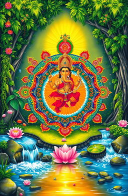 A vibrant and intricate illustration representing Sanatan Dharma, featuring symbols like the Om sign, lotus flowers, and various Hindu deities such as Ganesha, Shiva, and Saraswati, all surrounded by colorful mandalas and patterns to symbolize the eternal nature of this philosophy
