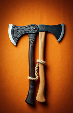 A visually striking image featuring two axes: on the left, an ancient Igbo adze axe intricately detailed, showcasing traditional craftsmanship and cultural symbols; on the right, a sleek, modern axe representing colonial influence with a contemporary design